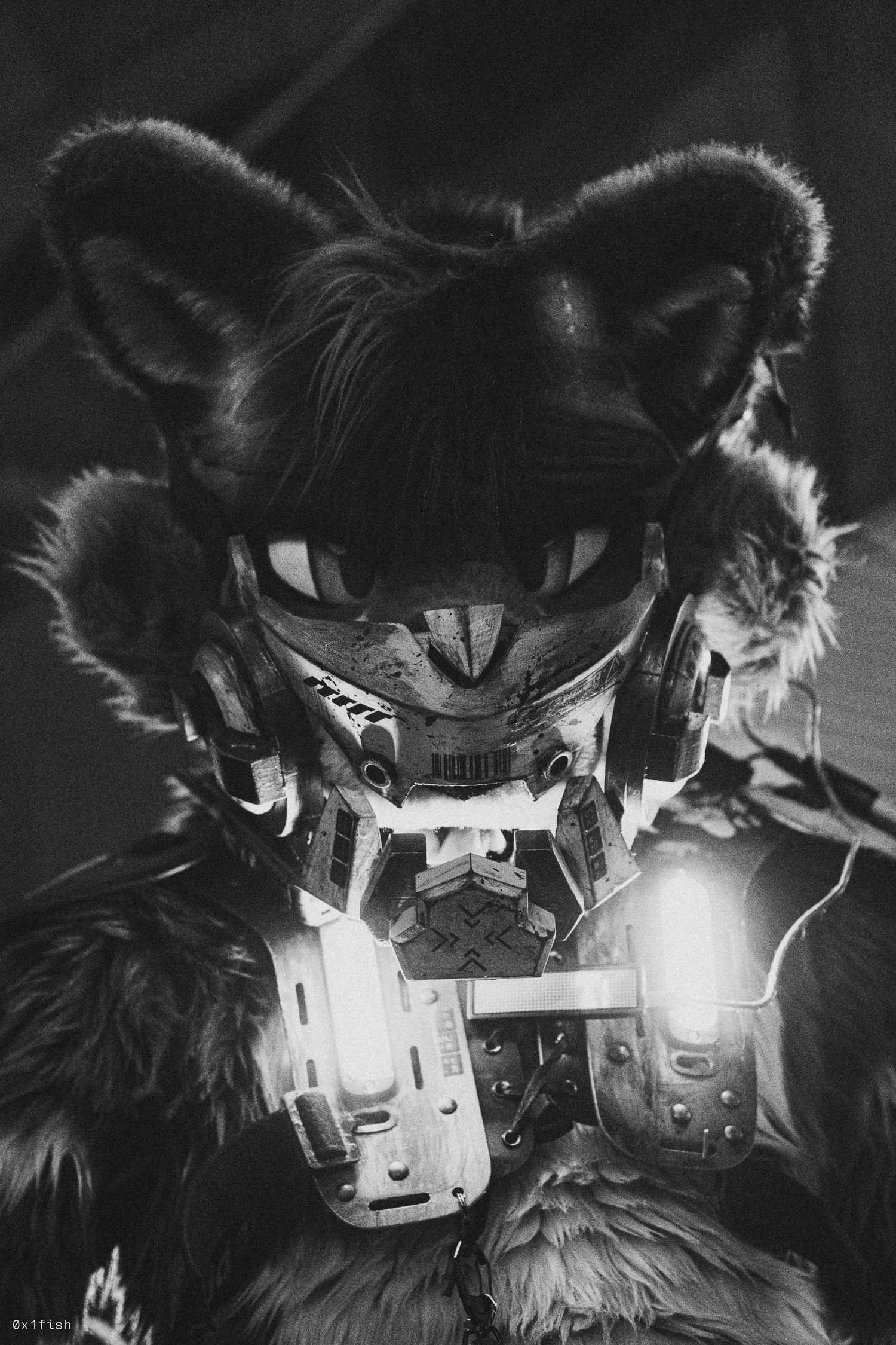 Black and white furry photography of TavTavern wearing an industrial cyberpunk fit.
